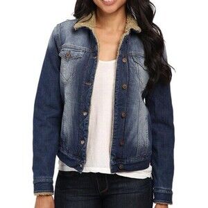 Frankie B Womens S 4 Denim Sherpa Fur Lined Trucker Jacket Heavyweight Coat VTG